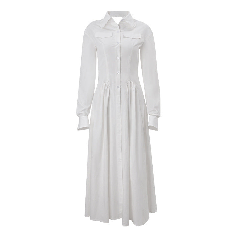 Long sleeve turnover collar button slit maxi dress