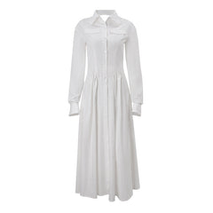Long sleeve turnover collar button slit maxi dress