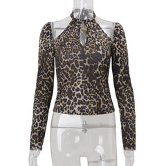 Leopard print hollow out halter cut out top