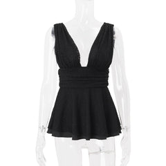 V neck ruched sleeveless lace top