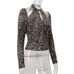 Leopard print hollow out halter cut out top