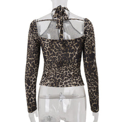Leopard print hollow out halter cut out top