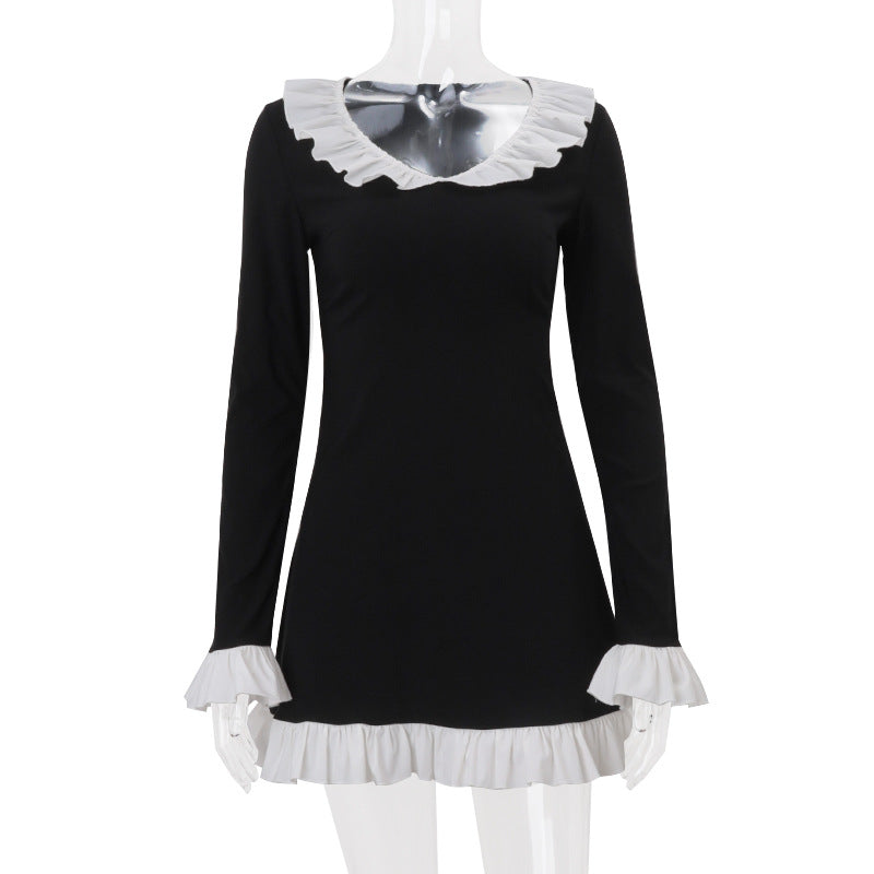 Long flared sleeve ruffle mini dress