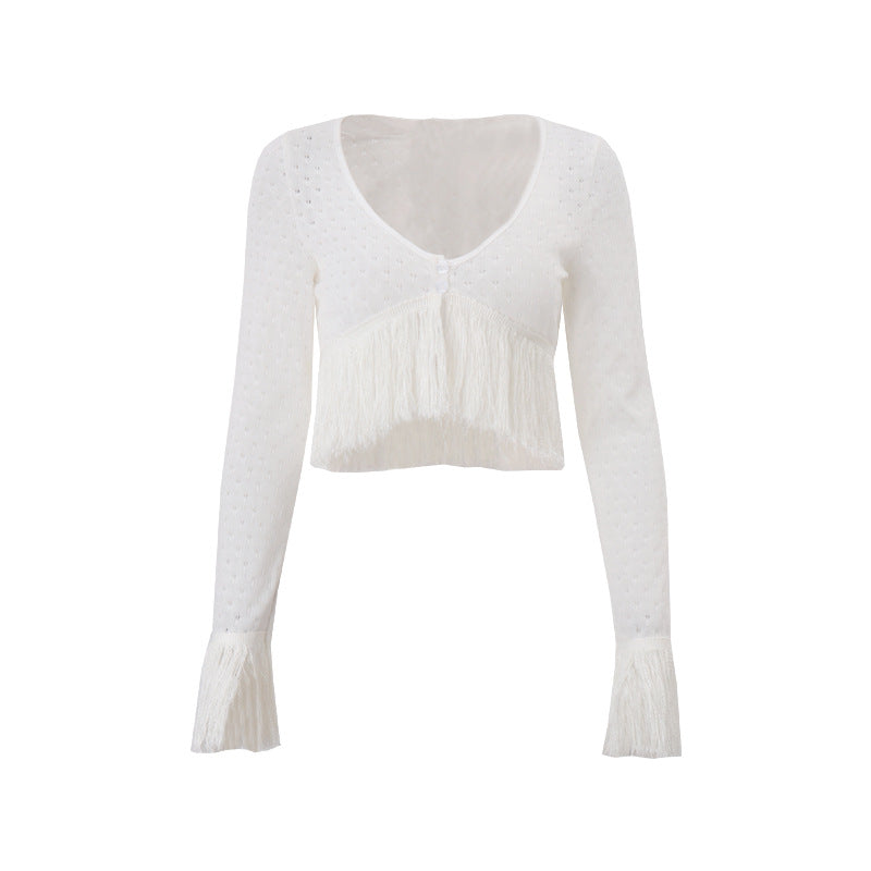 Long sleeve tassels knitted v neck top