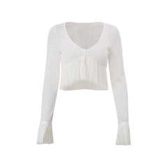 Long sleeve tassels knitted v neck top