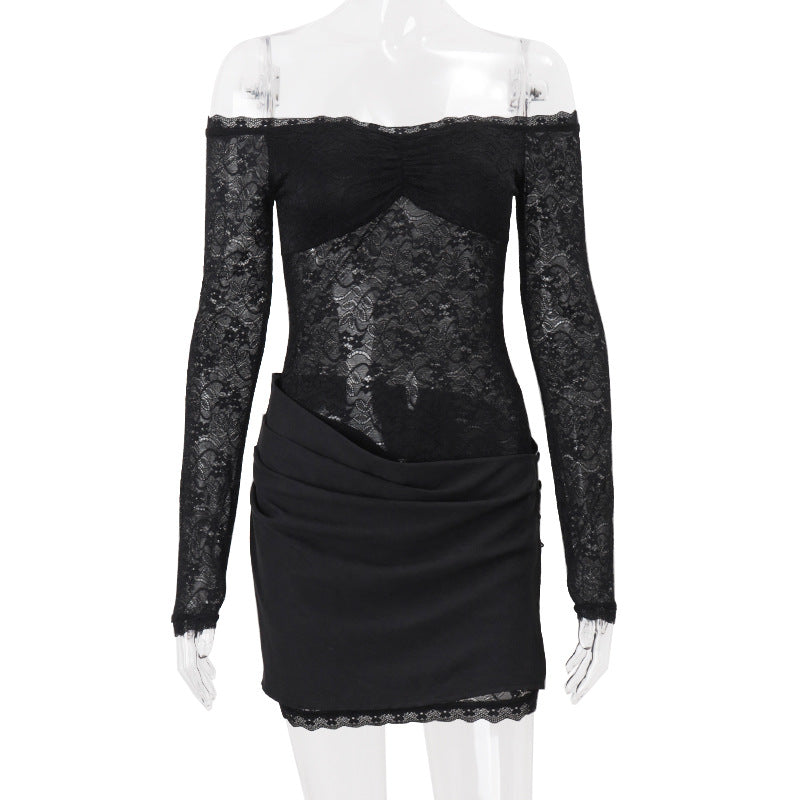 Off shoulder long sleeve lace patchwork ruched mini dress