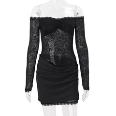 Off shoulder long sleeve lace patchwork ruched mini dress