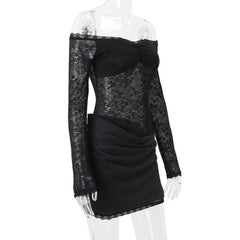 Off shoulder long sleeve lace patchwork ruched mini dress