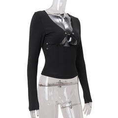 Long sleeve hollow out solid cut out top