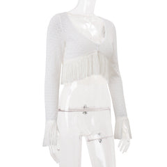 Long sleeve tassels knitted v neck top