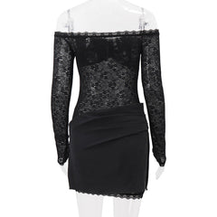 Off shoulder long sleeve lace patchwork ruched mini dress