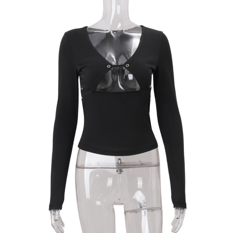 Long sleeve hollow out solid cut out top