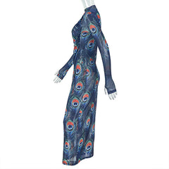 Long sleeve high neck slit abstract maxi dress