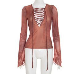 Long sleeve lace up mesh ruffle top