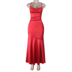 Cowl neck cross back lace up cami maxi dress