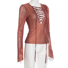 Long sleeve lace up mesh ruffle top