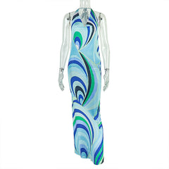 Halter contrast v neck backless maxi dress