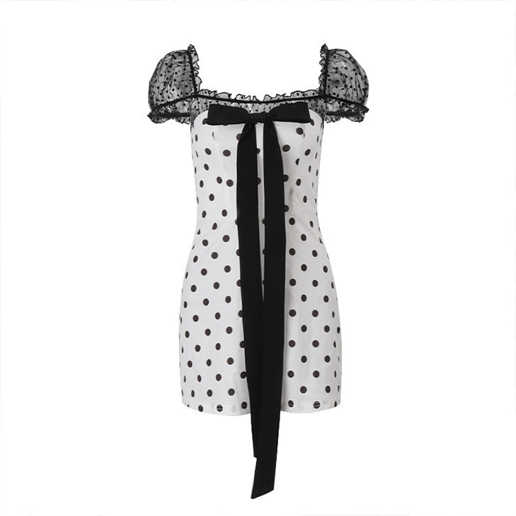 Polka dot bowknot zip-up puff sleeve top