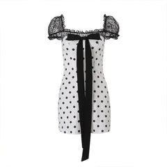 Polka dot bowknot zip-up puff sleeve top