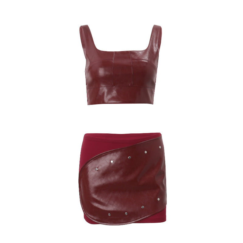 Square neck PU leather patchwork mini skirt set