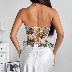 Sweetheart neck lace up flower pattern corset ruffle top