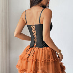 Mesh slit lace up ruffle cami top