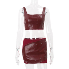 Square neck PU leather patchwork mini skirt set
