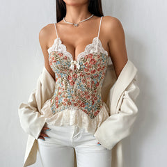 Lace hem v neck bowknot flower pattern cami top