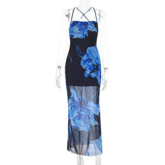 Cross back flower print mesh cami maxi dress