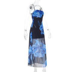 Cross back flower print mesh cami maxi dress
