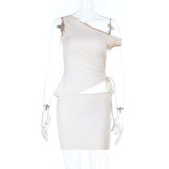 Irregular one shoulder ruched mini skirt set