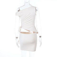Irregular one shoulder ruched mini skirt set
