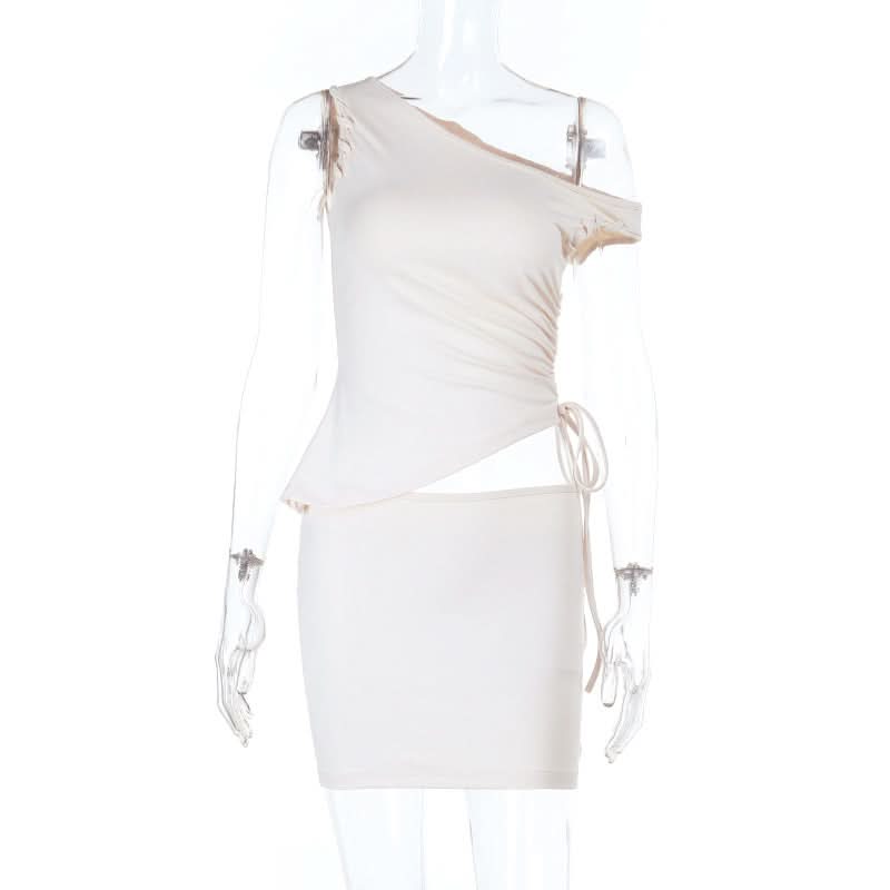 Irregular one shoulder ruched mini skirt set