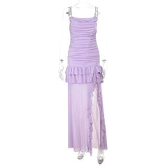 Ruched slit ruffle mesh cami maxi dress