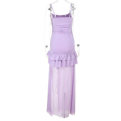 Ruched slit ruffle mesh cami maxi dress
