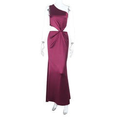 One shoulder hollow out satin zip-up cut out maxi dress