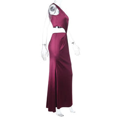 One shoulder hollow out satin zip-up cut out maxi dress