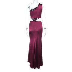 One shoulder hollow out satin zip-up cut out maxi dress