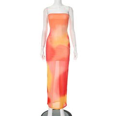 Mesh print contrast tube maxi dress