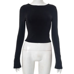 Long sleeve crewneck self tie backless top