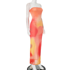 Mesh print contrast tube maxi dress