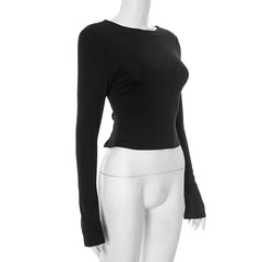 Long sleeve crewneck self tie backless top
