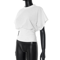 Crewneck short sleeve lace up ruched top