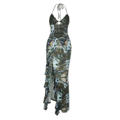 Halter self tie ruffle print v neck maxi dress