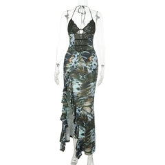 Halter self tie ruffle print v neck maxi dress