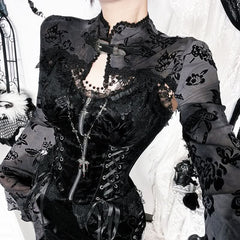 Long flared sleeve buckle print mesh top