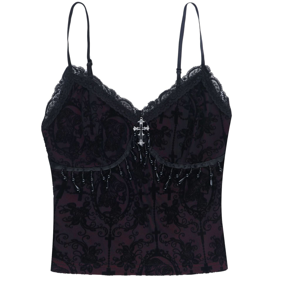 Lace hem v neck beaded print cami top