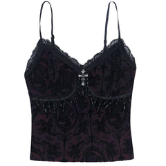 Lace hem v neck beaded print cami top