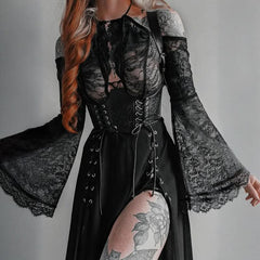 Long flared sleeve lace hollow out lace up cut out top