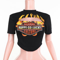 Short sleeve crewneck hollow out letter print cut out top